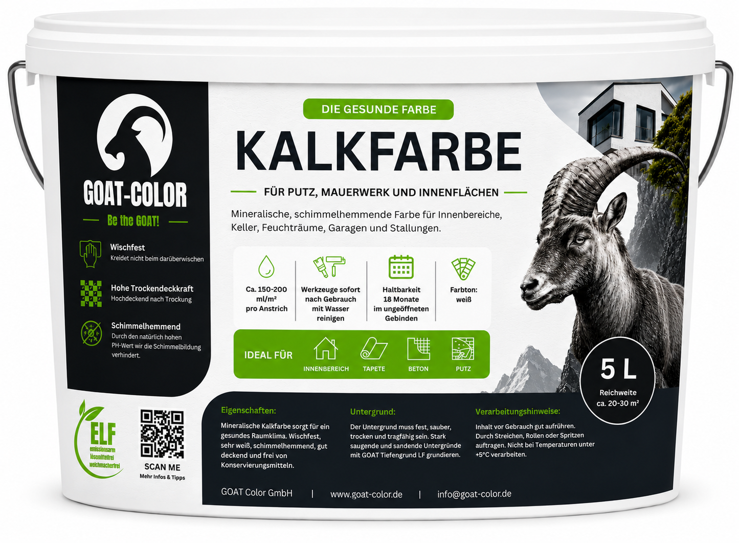 GOAT Kalkfarbe | Schimmelhemmende Wandfarbe | Hochatmungsaktiv für Feuchträume