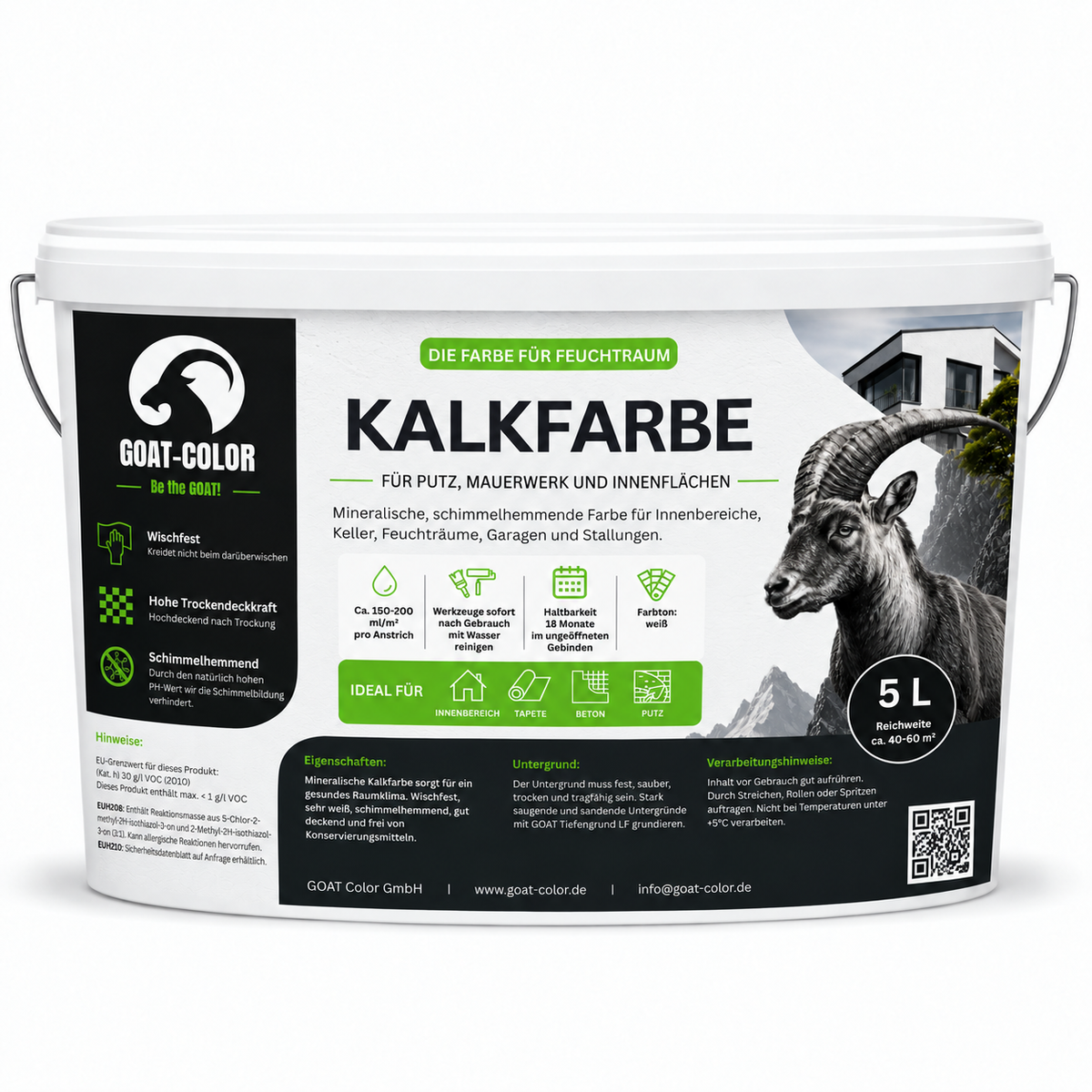 GOAT Kalkfarbe | Schimmelhemmende Wandfarbe | Hochatmungsaktiv für Feuchträume