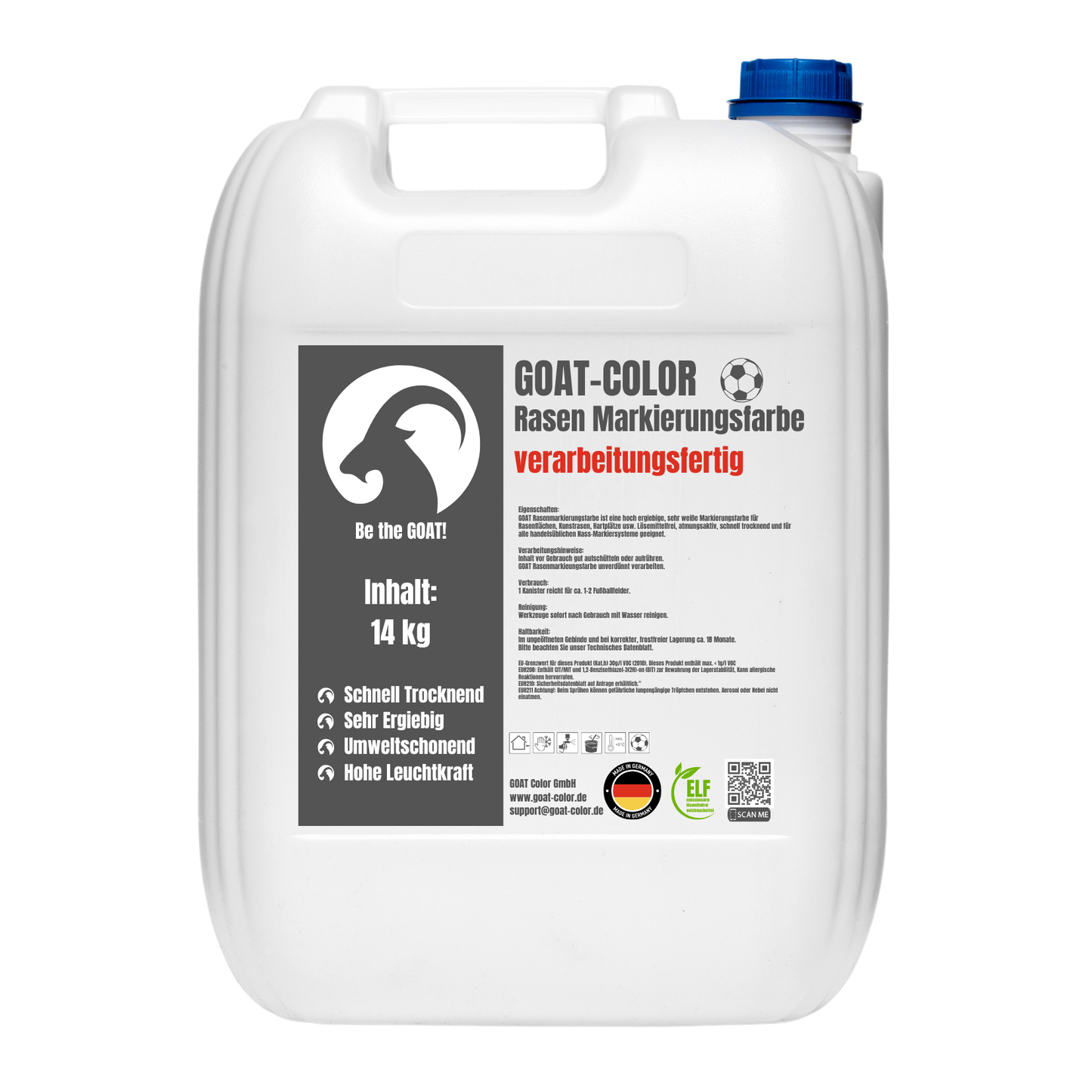 GOAT Rasenmarkierungsfarbe Weiß - Gebrauchsfertig - Sportplatzfarbe für Rasen, Kunstrasen & Hartplätze