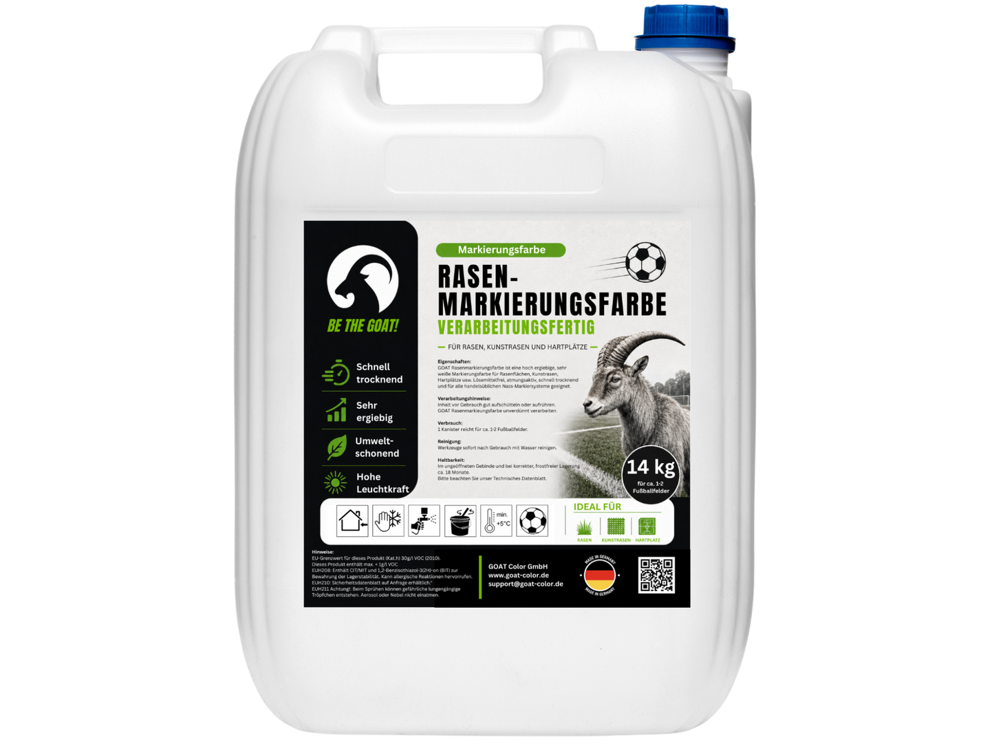 GOAT Rasenmarkierungsfarbe Weiß - Gebrauchsfertig - Sportplatzfarbe für Rasen, Kunstrasen & Hartplätze
