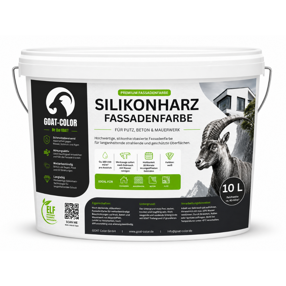 GOAT Silikonharz Fassadenfarbe | Reine Silikonharzfarbe | aktiv gegen Grünbelag