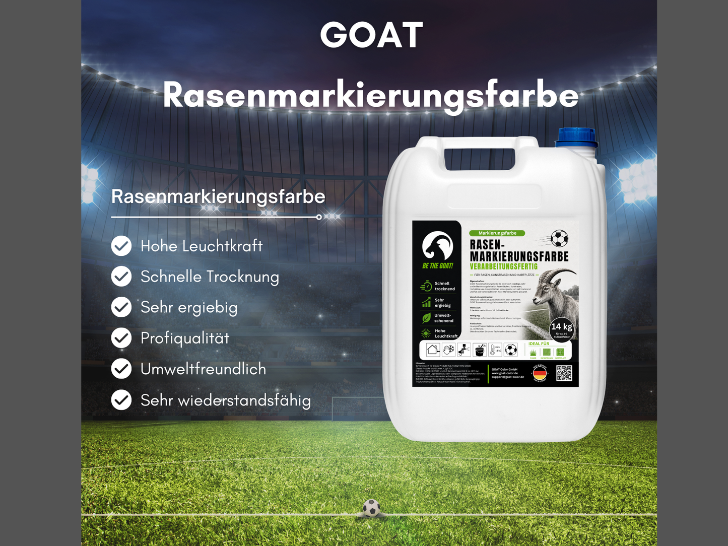 GOAT Rasenmarkierungsfarbe Weiß - Gebrauchsfertig - Sportplatzfarbe für Rasen, Kunstrasen & Hartplätze