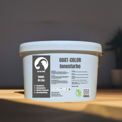 Eimer GOAT-Color Innenfarbe in Weiß, 10 Liter, stumpfmatt, atmungsaktiv und waschbeständig, ideal für Innenanstriche, im Hintergrund dezente Raumdetails