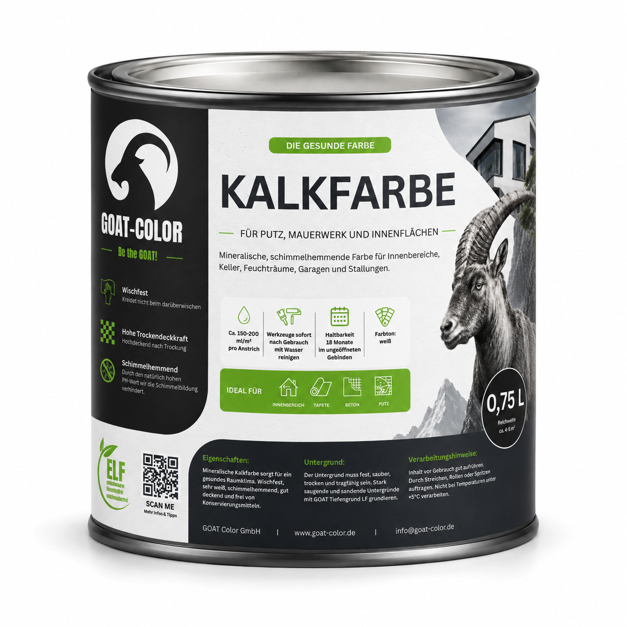 GOAT Kalkfarbe | Schimmelhemmende Wandfarbe | Hochatmungsaktiv für Feuchträume
