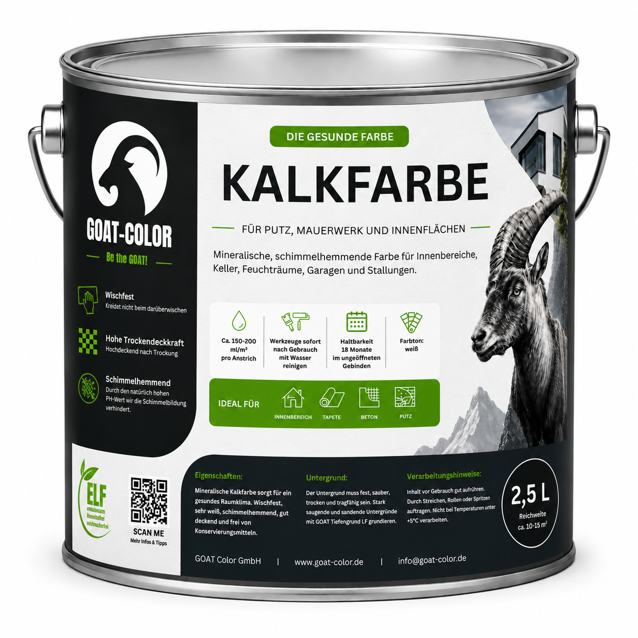 GOAT Kalkfarbe | Schimmelhemmende Wandfarbe | Hochatmungsaktiv für Feuchträume