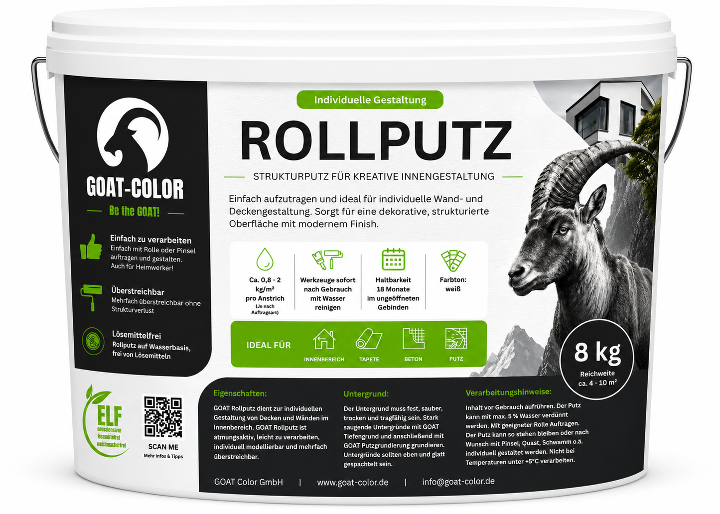 GOAT Rollputz Weiß – Atmungsaktiver Streichputz & Strukturputz für Innen