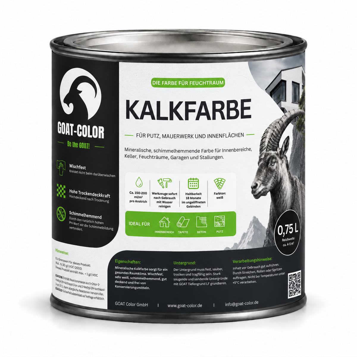 GOAT Kalkfarbe | Schimmelhemmende Wandfarbe | Hochatmungsaktiv für Feuchträume