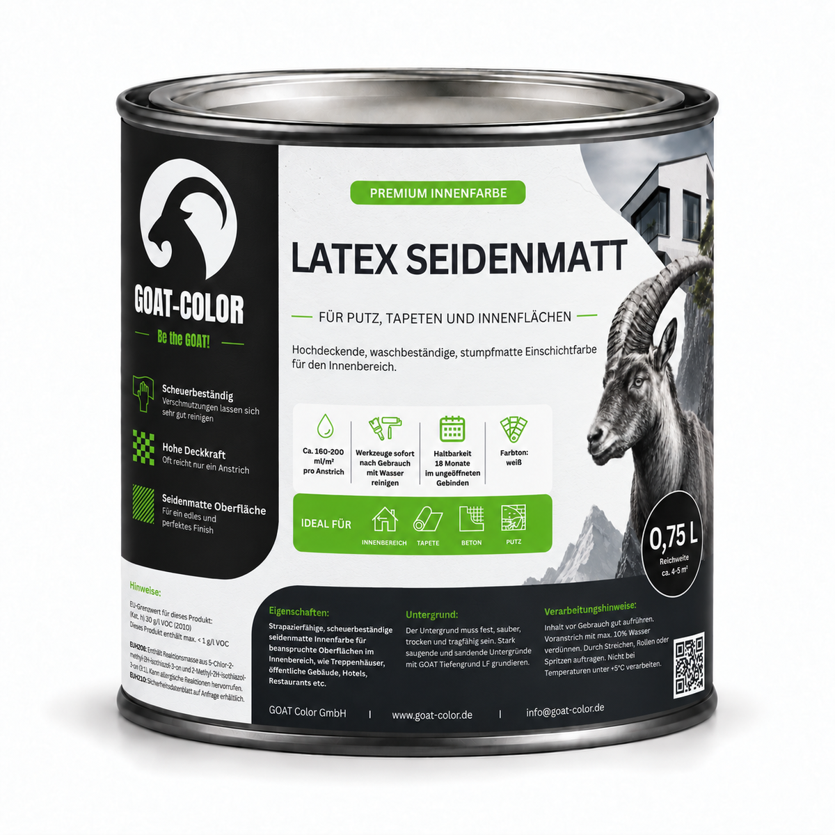 GOAT Latex seidenmatt | Abwaschbare Wandfarbe | Scheuerbeständig