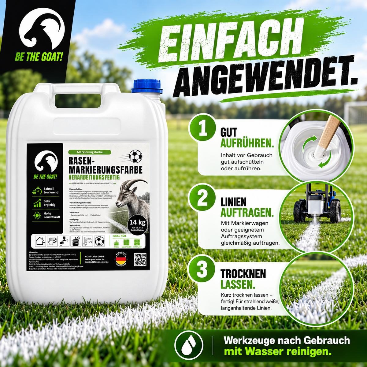 GOAT Rasenmarkierungsfarbe weiß gebrauchsfertig – Sportplatzfarbe für Rasen & Kunstrasen