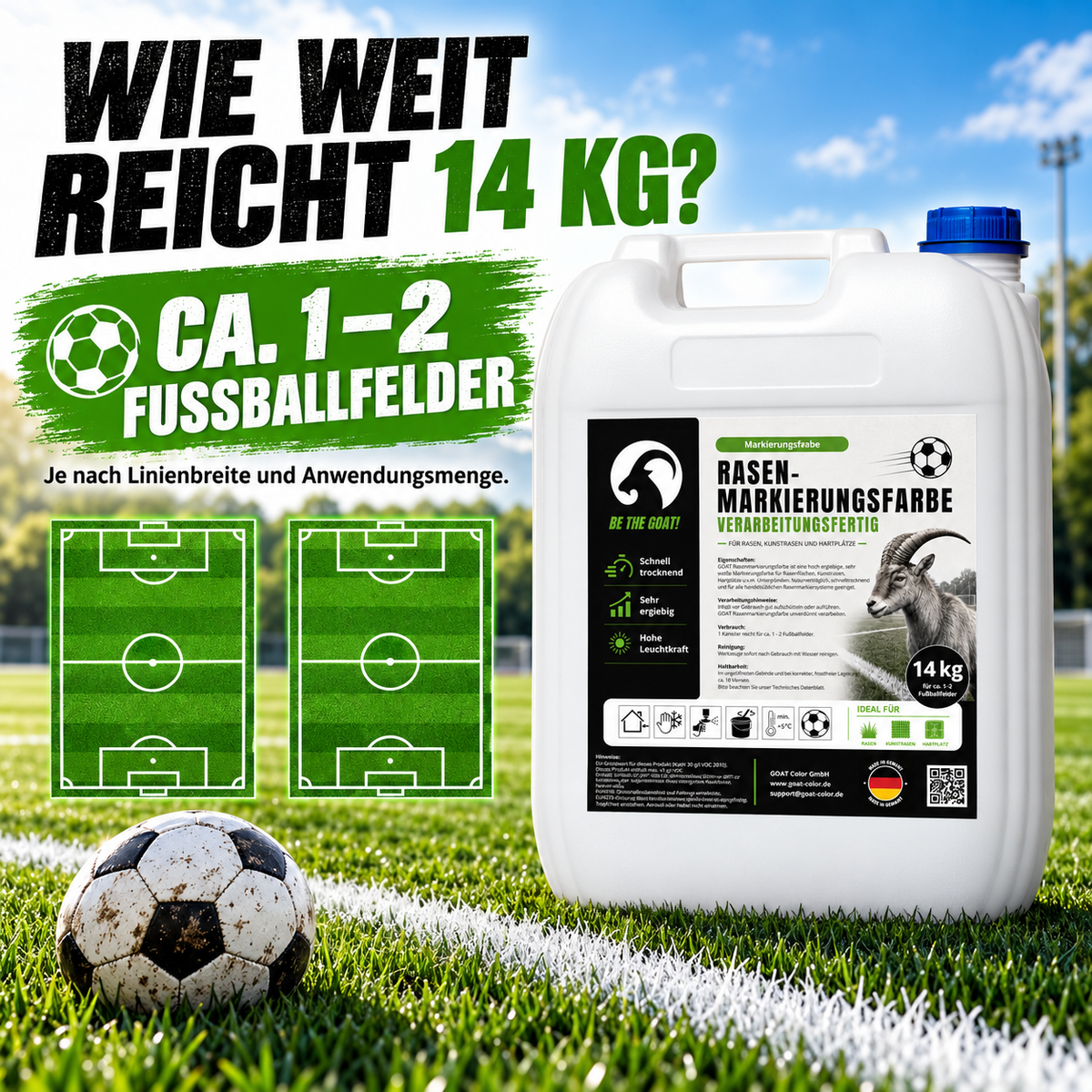 GOAT Rasenmarkierungsfarbe weiß gebrauchsfertig – Sportplatzfarbe für Rasen & Kunstrasen