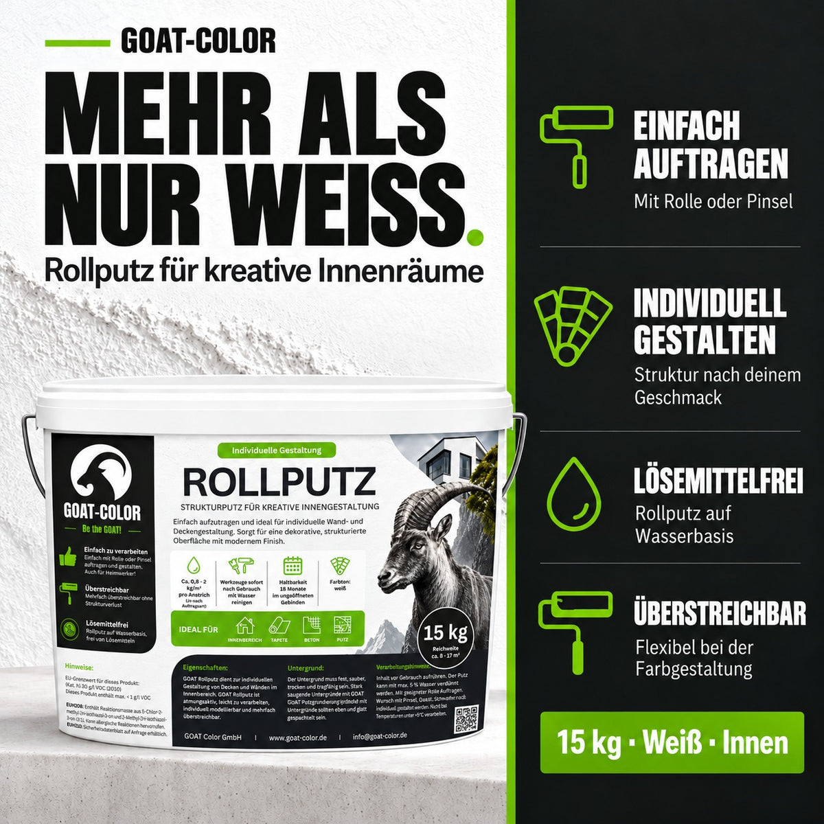 GOAT Rollputz weiß – Streichputz & Strukturputz innen, atmungsaktiv