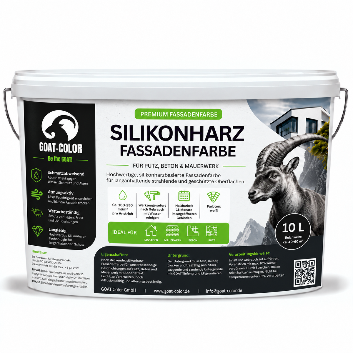 GOAT Fassadenfarbe außen – Silikonharz gegen Algen & Grünbelag, wasserabweisend